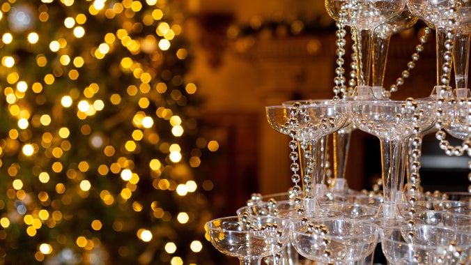 Champagne tower and twinkling lights